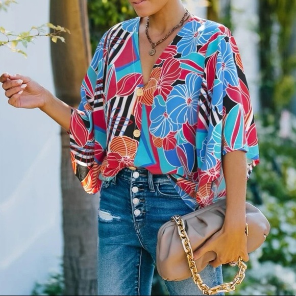 Boho floral print batwing sleeve blouse blouse - Picture 7 of 7